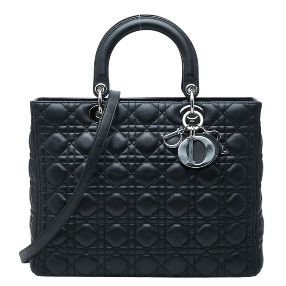 Christian Dior Dior Cannage Lady Large Handbag Shoulder Bag 2-Way Black Leath...